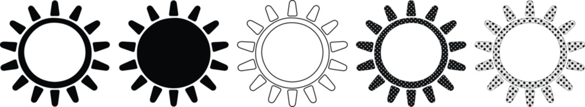 Sun icon set, black and white vector suns, weather symbols, brightness and light indicators, simple graphic elements for UI/UX design and apps