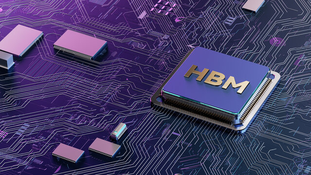 HBM high bandwidth memory 3D illustration stock asset ideal for artificial intelligence technology blog posts, semiconductor industry presentations, tech website banners, digital marketing materials a