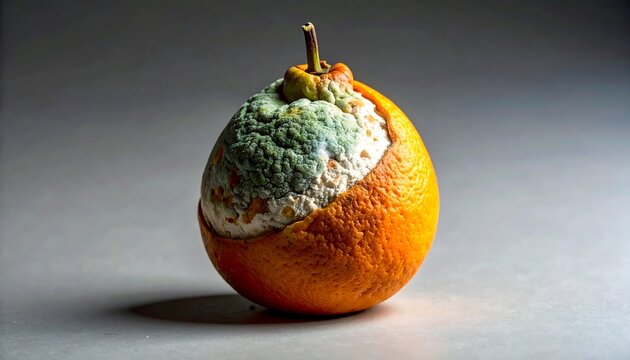 Moldy Orange Fruit with Green Fuzz Growing on Gray Studio Surface