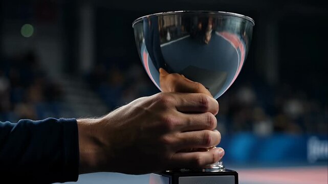 Person holding shiny metal sports trophy.