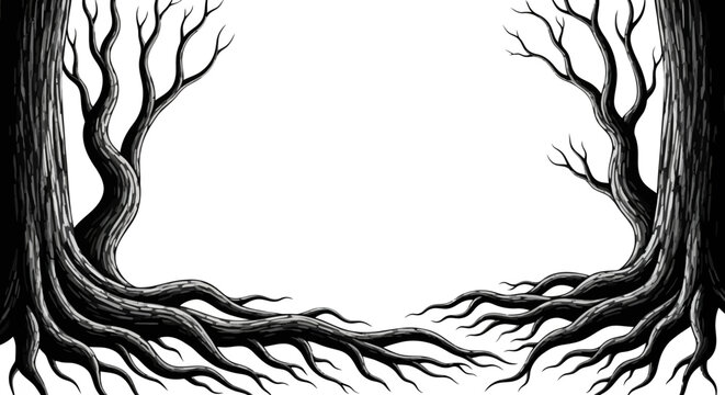 Spooky Tree Roots and Branches Frame, Black and White Illustration