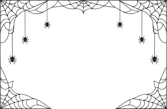 black and white spiderweb illustration, spooky background frame for invitations.Halloween spider web border with hanging spiders, decorative corner frame.