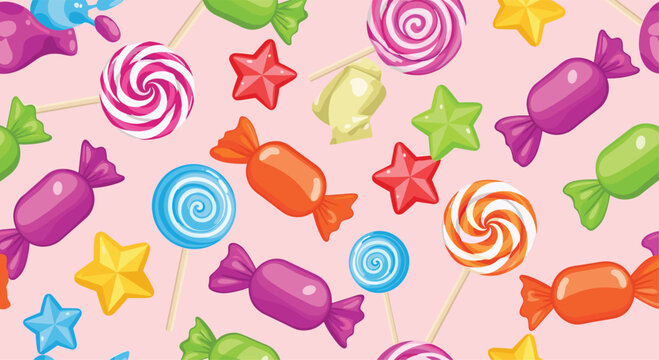 Fun and vibrant seamless pattern of colorful lollipops, wrapped candies, and stars on a soft pink background for children.