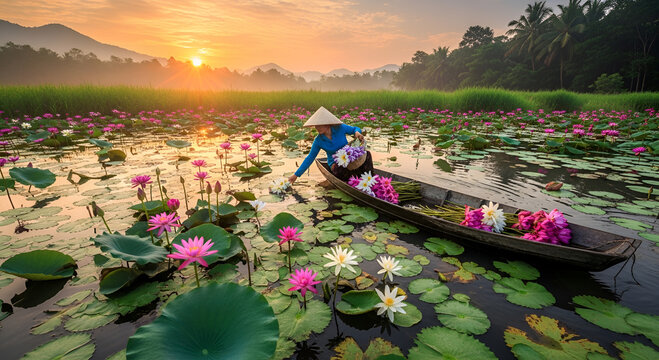 Asian woman in a conical hat picking pink lotus flowers on a wooden boat at sunrise.