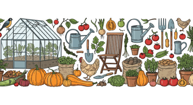 Comprehensive gardening themed border featuring a greenhouse, tools, vegetables, chickens, and plants in a detailed hand-drawn style.