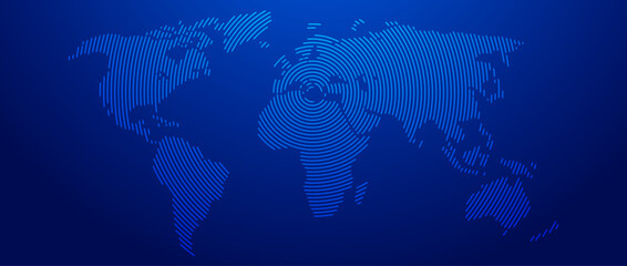 Fototapeta na wymiar Blue neon glowing lined world map concept. Abstract neon lines globe worldmap for poster, banner, brochure, booklet, presentation. Round linear continent infographics wallpaper. Vector illustration