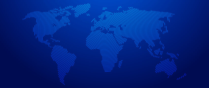 Blue neon glowing lined world map concept. Abstract neon lines globe worldmap for poster, banner, brochure, booklet, presentation. Round linear continent infographics wallpaper. Vector illustration