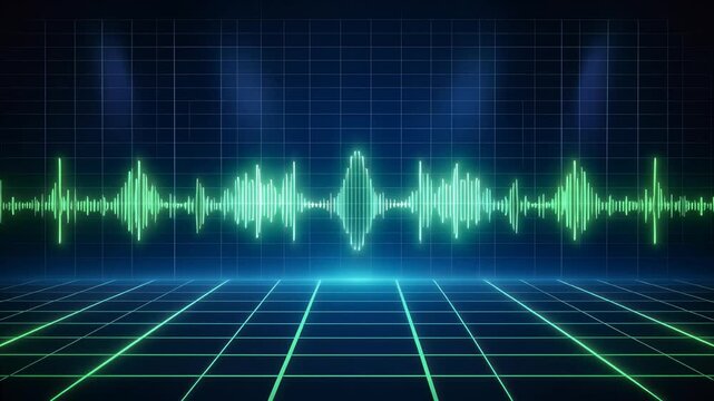 Pulsating neon sound wave equalizer graphic with futuristic grid floor and subtle spotlight background, symbolizing audio, music, technology, and digital data