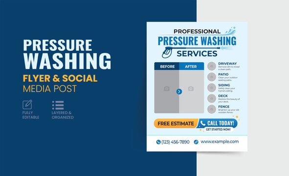 Pressure Washing Services Flyer Template | Professional Power Washing Social Media Post, Home Exterior Cleaning Business Poster, Marketing Banner Ad Design