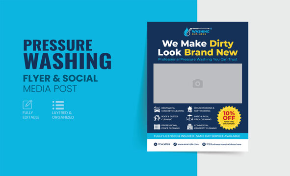 Power Washing Flyer Template | Pressure Washing Services Social Media Post, Driveway Roof Fence Cleaning Business Poster, Discount Promotional Ad Design