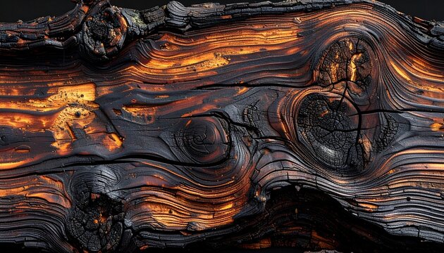 Close-up of charred burnt wood texture