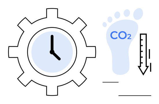 Climate change, sustainability, carbon emissions, energy savings, time management, environmental impact. Gear with clock and CO2 footprint with a downward arrow. Climate change and sustainability