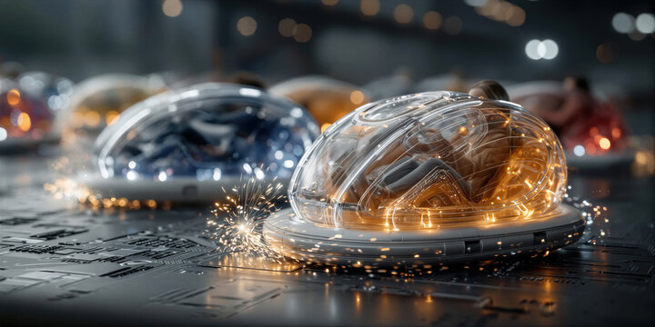 Sleek futurist ic glass structures with vibrant internal lighting and reflections