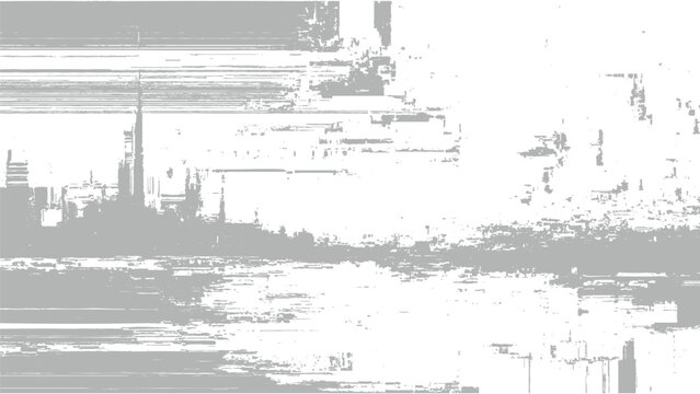 Glitchy distorted cityscape with abstract digital noise and errors in transmission lines