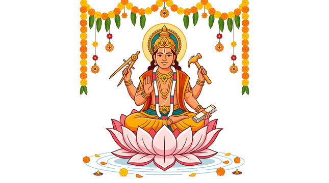 Goddess Lakshmi seated on a lotus flower holding traditional symbols.