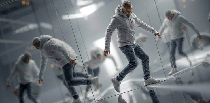 Solitary figure navigates reflective corridors of glass and cable with resilience and purpose