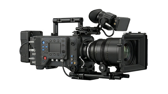 Cinema camera rig with large lens and electronic viewfinder for professional filmmaking on set in studio environments