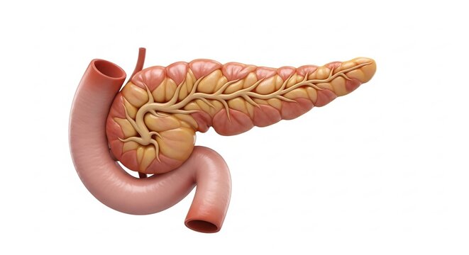 Detailed Anatomical Illustration of the Human Pancreas and Duodenum.