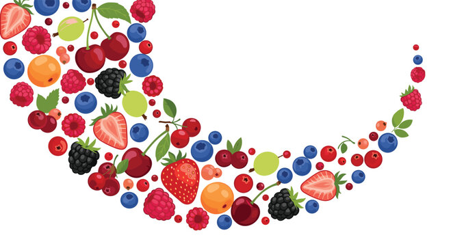 Dynamic composition of various fresh summer berries including strawberries, blueberries, and raspberries swirling across a white background.