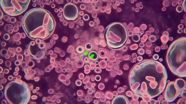 Microscopic organic cells, vibrant pink and purple hues, swirling in fluid, close-up abstract motion, symbolizing life, biology
