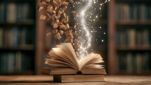 Open book with floating wooden cube puzzle pieces and glowing magical particles creating a fantasy reading scene in a cozy library environment