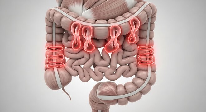 3D Illustration of Human Large Intestine Showing Diverticulitis Inflammation.