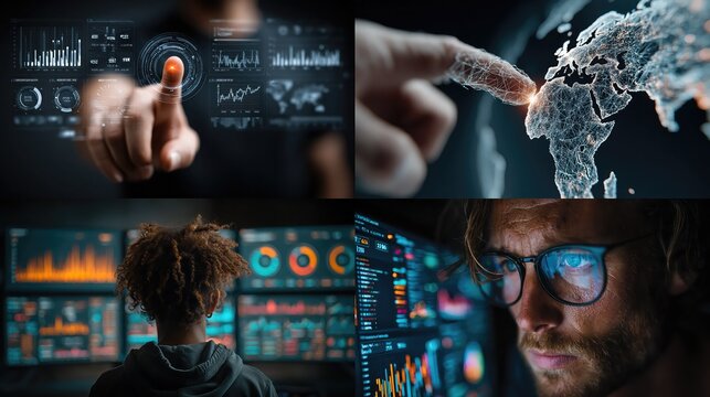 Ai driven analytics platforms concept with person interacting with futuristic data visualization screens and global network