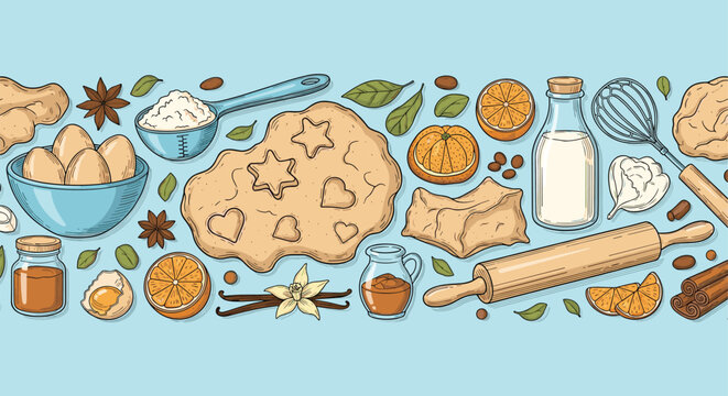 Decorative border featuring assorted baking ingredients and kitchen utensils like flour, eggs, dough, rolling pin, and spices on blue.