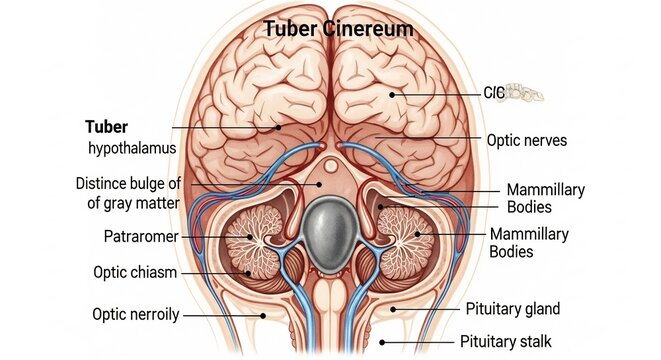 Anatomical illustration of the human brains tuber cinereum and surrounding structures.