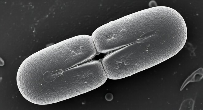 Microscopic View of Two Dividing Bacteria Cells Undergoing Binary Fission.
