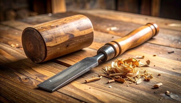 Sharp Wood Chisel and Wooden Mallet Resting on Rustic Workbench in Carpenter Workshop
