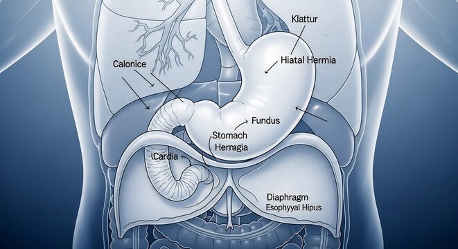 Anatomical illustration of the human stomach and diaphragm with labels.