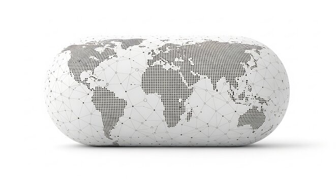 World Map on a Pill Shaped Object Representing Global Health and Medicine.