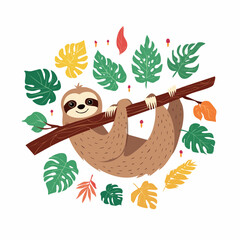 Obraz premium Cute Sloth Hanging on a Branch with Tropical Leaves