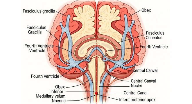 Detailed Anatomical Illustration of the Human Brains Ventricular System and Medulla.