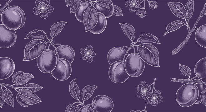 Seamless pattern of ripe purple plums with green leaves and small white blossoms scattered across a dark violet background for textiles.