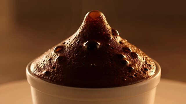Chocolate souffle baking in oven, rising and bubbling in white ramekin, close-up, food preparation, delicious dessert concept
