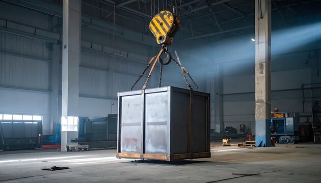 A large metal box being lifted by a crane in a warehouse