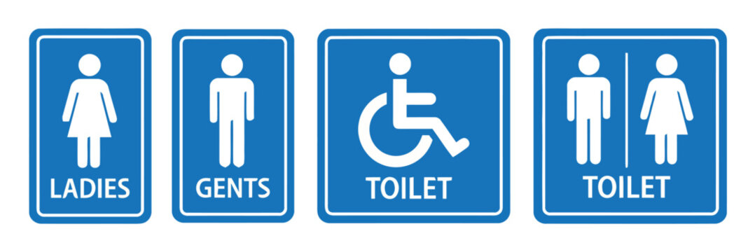 Standard blue and white public restroom signs set, designating facilities for ladies, gents, and accessible toilets, ensuring clear navigation and universal design