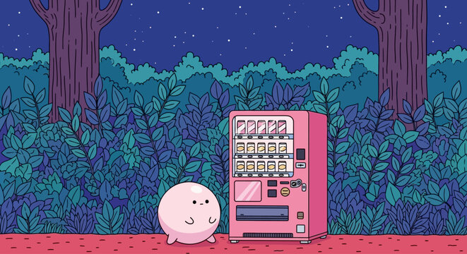 Whimsical night discovery A delightful, round character encounters a vibrant pink vending machine in a serene, stylized forest setting