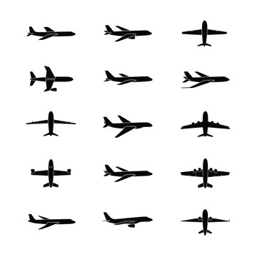 Collection of airplane silhouettes flying.