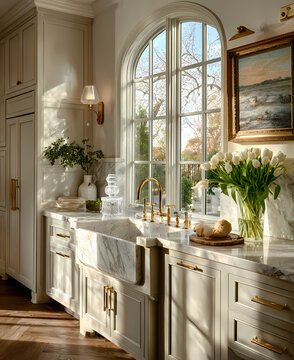 Cozinha de luxo com pia de m&aacute;rmore e detalhes em dourado, perfeita para capas de revistas de decora&ccedil;&atilde;o, an&uacute;ncios imobili&aacute;rios de alto padr&atilde;o e fundos de v&iacute;deos de estilo de vida para redes sociais