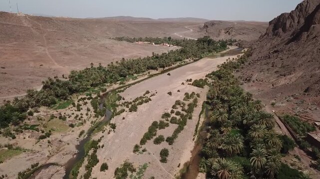 Aerial drone footage of a palm oasis spreading along a wide desert valley with a narrow river channel in Morocco. Natural patterns and contrast between vegetation and arid terrain create a visually ri