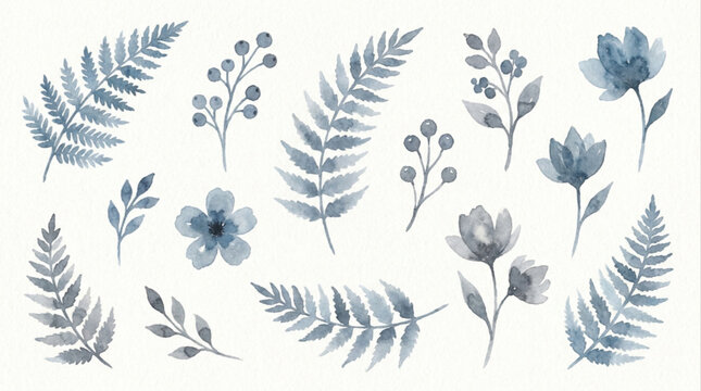 Botanical watercolor illustration set of blue floral elements and leaves on a white background