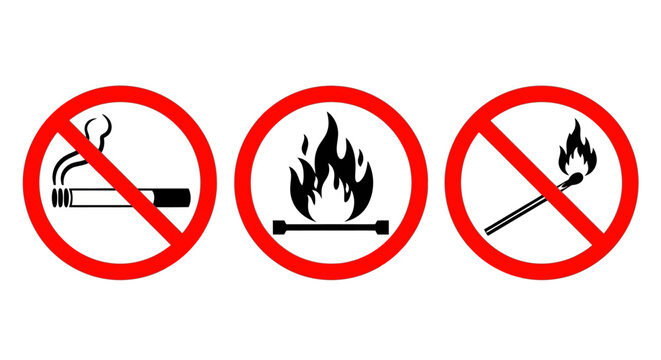 Three critical safety warning signs no smoking, no open flames, and no burning matches. Essential vector graphics for fire hazard prevention and secure environments