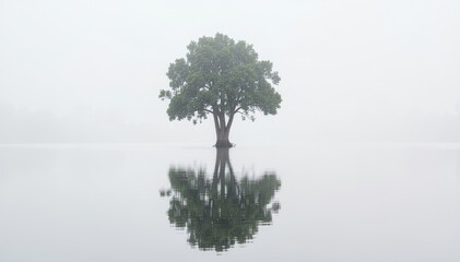 Obraz premium Solitary Tree in Misty Waters: A lone tree stands gracefully in tranquil waters, its reflection mirrored on the smooth surface, surrounded by a soft, ethereal mist.
