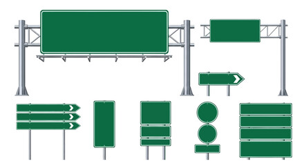 Collection of various highway signs including directional, informational, and regulatory signs for road navigation and safety © john