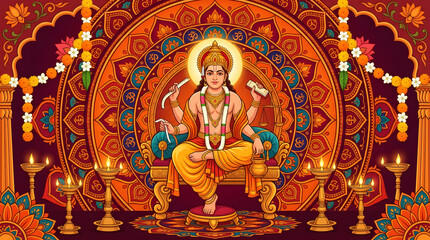 Fototapeta premium Lord Vishnu in his divine form seated on a lotus throne surrounded by ornate decorations.