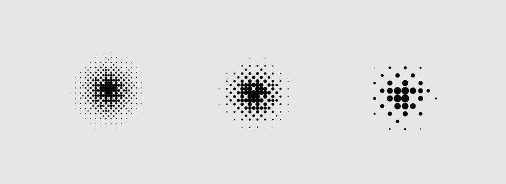 Vintage comic halftone shape set with textured gradient dots and abstract square patterns. Editable vector elements for posters, collages, branding, and graphic design projects.