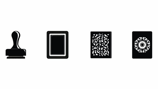 Black rubber stamp and icons.
